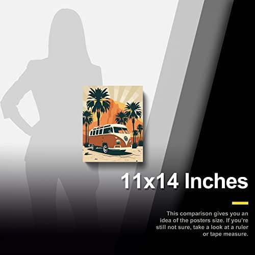 Вдъхновяващи Wall Art Co. - Плакат Sandy | Ретро Volkswagen Van - Ретро Плажен постер - Плакат За сърфиране на плажа - Реколта плажни щампи - Снимки за плажа | 11x14 Инча, без рамка