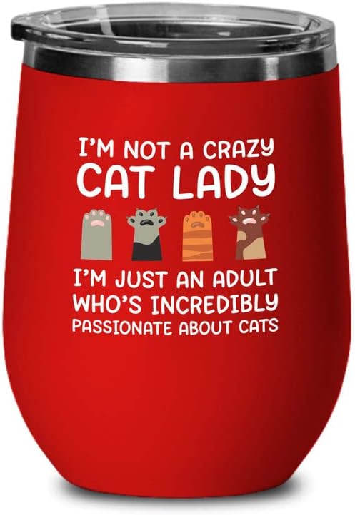 Чаша Черно вино Flairy Land Cat Lady 12 унции - Страстен котки -Забавни подаръци за котки, Майките Котки, Баби, Котки, Лапи Домашни Любимци, Мустаци Коте, Любители на котки, Котк