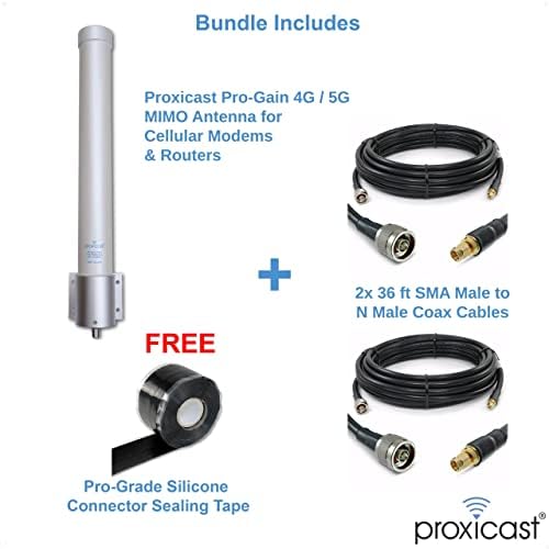 Антена Proxicast Pro-Gain 4G / 5G MIMO + Коаксиален кабел CFD400 с 2x36ft Pro Grade с ниски загуби + Кит уплътнителен