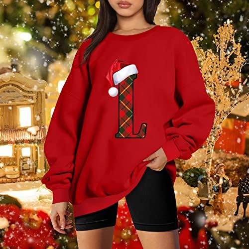 Дамски Коледна Hoody Santa Hat & L, Риза с принтом, Пуловер с дълги ръкави и Занижени Рамо, Ретро Пуловер с