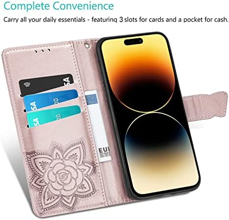 Чанта-портфейл DiGPlus за iPhone 14 Pro, Кожен калъф-портфейл с отпечатан във формата на пеперуда и цвете, флип-надолу Защитно покритие за мобилен телефон с отделения за карт