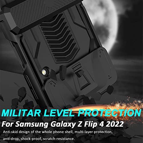 Miimall е Съвместим с калъф за Samsung Galaxy Z Flip 4 [Защита от магнитни панти], дизайн в стил милитари с плъзгащо се капаче на обектива, устойчив на удари калъф с пълна защита от