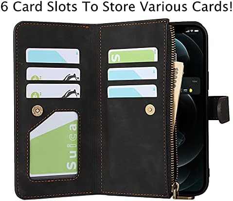 Чанта-портфейл Zouzt с цип за монети / брой, който е съвместим с iPhone 12 Pro Max, [6 слота за карти] [Каишка