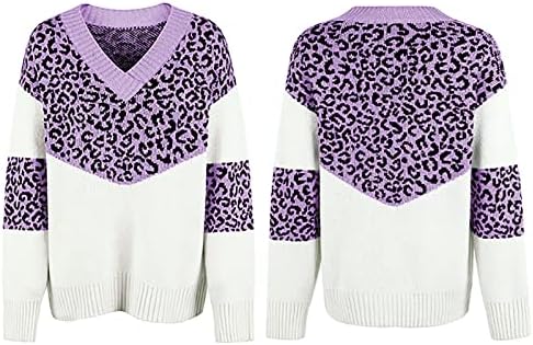Леопардовый пуловер жилетки за жени V образно деколте с дълъг ръкав мода случайни цвят блок трикотажни блузи