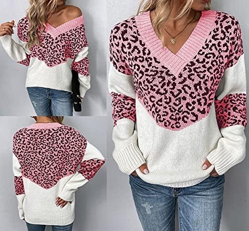 Леопардовый пуловер жилетки за жени V образно деколте с дълъг ръкав мода случайни цвят блок трикотажни блузи