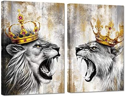 Zlove, 2 броя, Царят на Животните, Стенно изкуство, Лъв и Лъв с Корона, Сиво и Златен Романтична Двойка, Произведения
