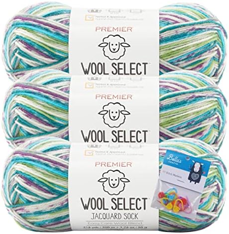 Жаккардовая прежда за чорапи Premier Wool Select - Morning Glory - Комплект от 3 опаковки с маркери за бродиране
