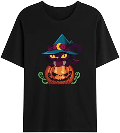 Ризи за Хелоуин за Мъже Casual Модерен Пуловер с Принтом Тиква и Котка, Тениска с кръгло деколте и Къс Ръкав,