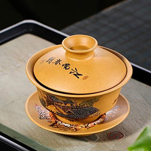 Чаена чаша MULHUE с ръчно рисувани Yixing, Китайската традиционна чаена прибори Zisha Порцеланова чаена чаша Gaiwan Kungfu с Капак и блюдцем-135 мл/4,6 унции