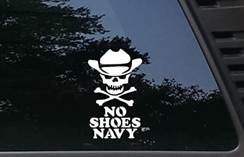 Пиратски череп с ковбойской шапка - Без обувки в тъмно синьо - 3 3/4 x 6 1/4 vinyl стикер за прозорци, автомобили,