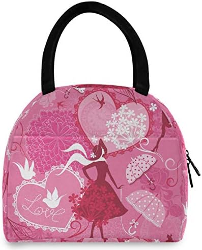 Утепленная чанта за обяд Жена - Мода За Момичета В Розови Тонове със Сърца и Птици, Големи Запечатани Кутии
