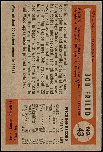 1954 Боуман 43 ПОГРЕШНА един Боб Питсбърг Пайрэтс (Бейзболна картичка) (Тест на гърба пита кой е на 20 шатаутов).