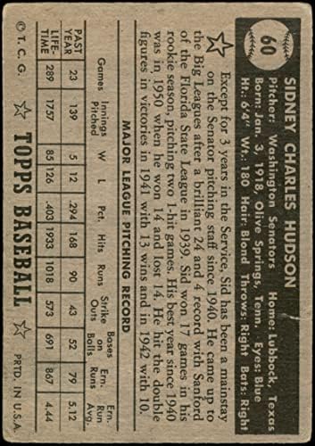 1952 Topps 60 Led Хъдсън Вашингтон Сенатърс (Бейзболна картичка) ДОБРИ сенатори