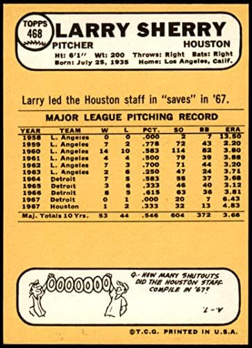 1968 Topps 468 Лари Шери Хюстън Астрос (Бейзболна картичка) EX/MT Astros