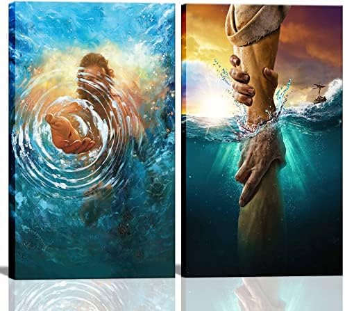 2 предмета, Стенно изкуство на Исус в рамка, от Ръката на Бог, Исус, който се простира по Водата, На Христос,