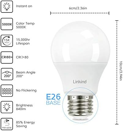 Linkind A19 Led лампа дневна светлина 5000 До, което се равнява на крушка с мощност 60 Вата, Без корекция на