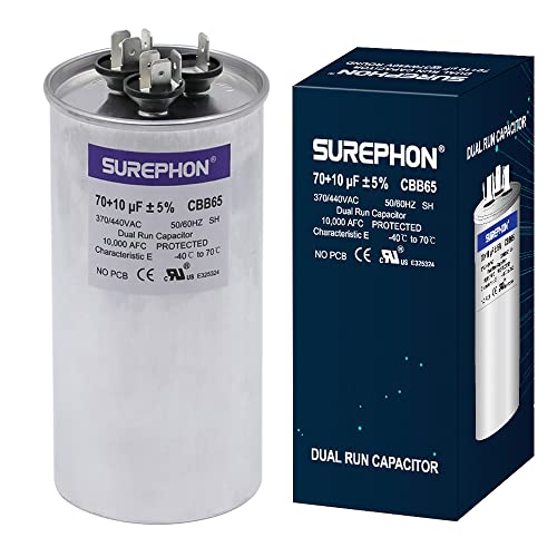 Кондензатор SUREPHON CBB65 Run за променлив ток 70/10 icf 70 + 10 MFD Dual 370-440 Волта, подходящо за системи