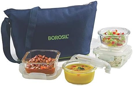 Обяд-бокс Borosil - Комплект от 4 теми - 11 и 13 Грама - Стъклени Контейнери за обяд с Леко Изолиран пакет за