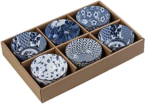 Керамични купи Gegong в опаковка от 6 броя Купички за ориз в японски стил, порцеланови купички синьо и бяло,