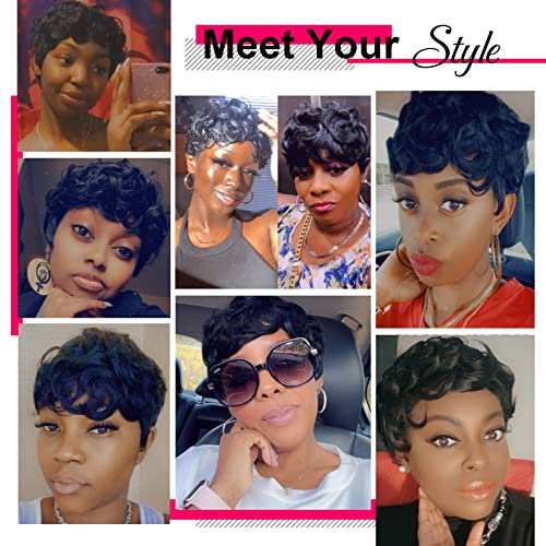 VCK къса перуки в стил pixie за черни жени, перуки, изработени от естествени вълнообразни синтетични косми,