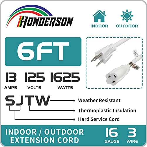 Удължител HONDERSON 6 ФУТА Outdoor-16/3 SJTW Здрав Бял удължителен кабел със заземен щепсел на 3 зъба за сигурност